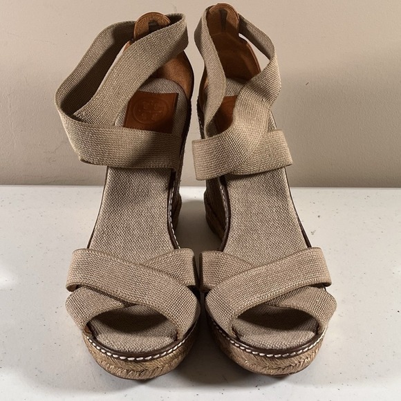 Tory Burch Sandals Womens 9.5 Khaki Frieda Stripe Platform Espadrille Wedge Heel - Picture 5 of 11